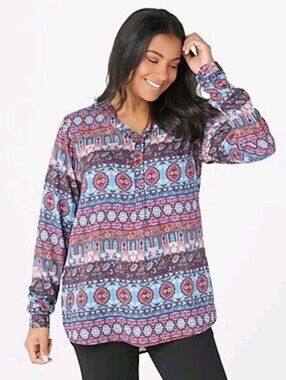 Tolani Collection V-Neck With Buttons Long-Sleeve Tunic - Pink & Blue Sz 2X